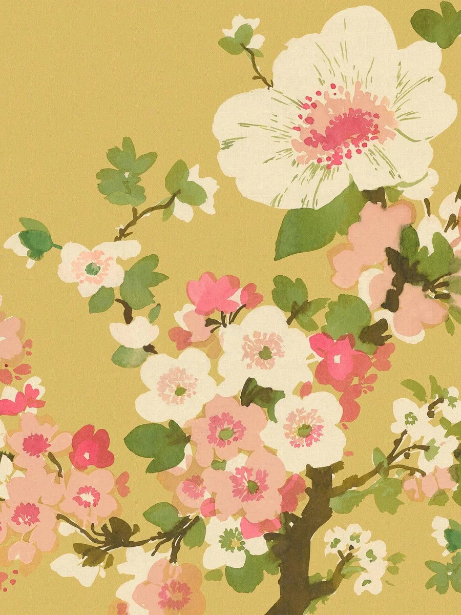 The Apple Blossom wallpaper is adorned with delicate apple blossoms, painted layer upon layer in watercolor.