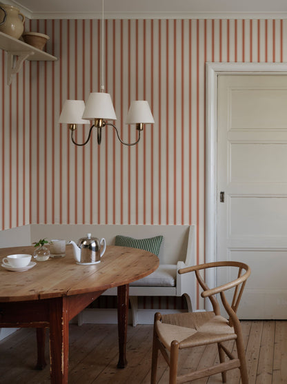 Our classic narrow striped wallpaper with small elegant gold dots is inspired by the beautiful silk draperies and furniture fabrics of the 18th century. 