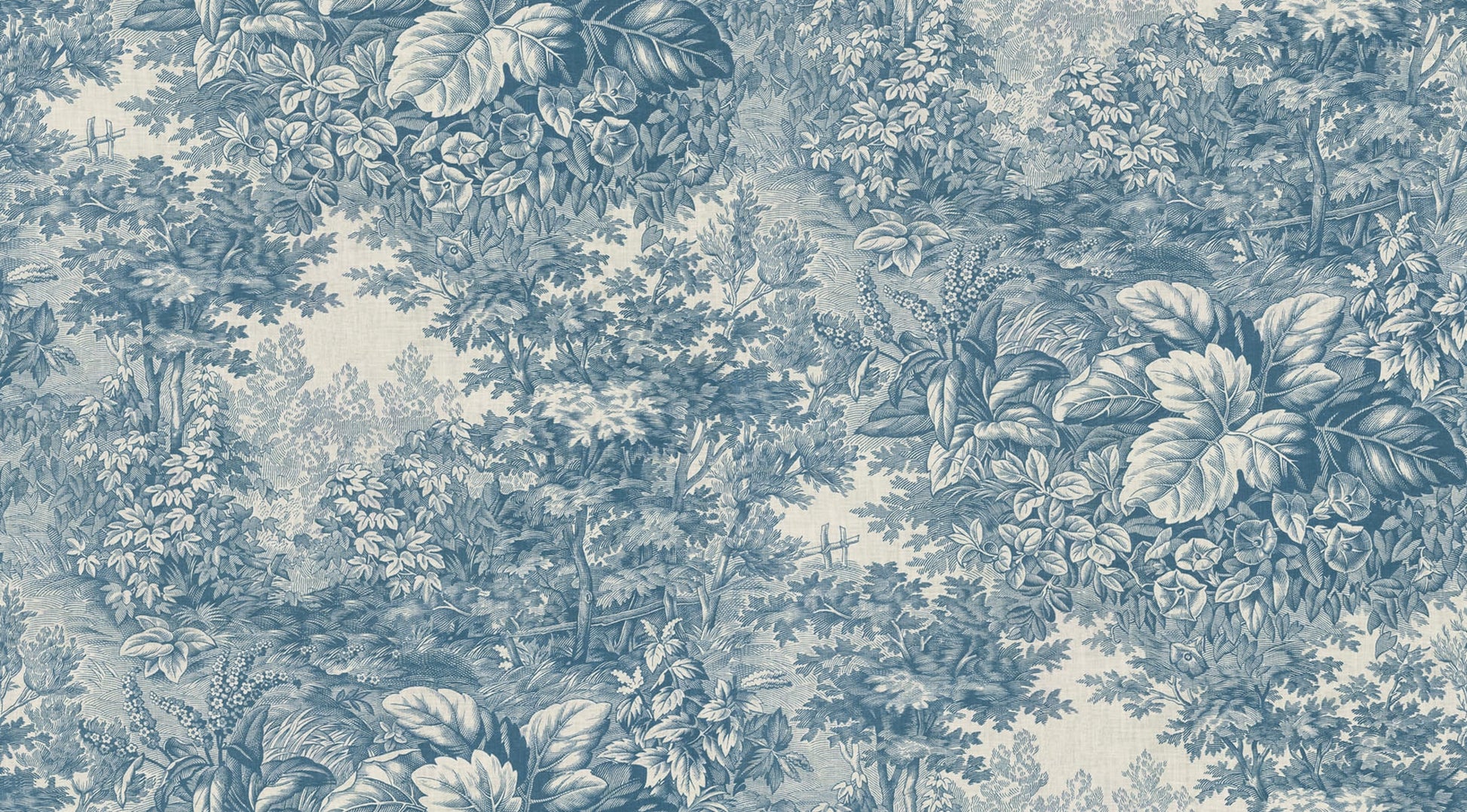 Based on a textile print from 19th century France featuring lush forest clearings that lay the wallpaper like an embracing blanket over the walls.