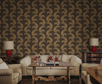 Sophisticated wallpaper with a stylized edge, these graphic palm leaves lend a sleek and luxurious atmosphere to the room.