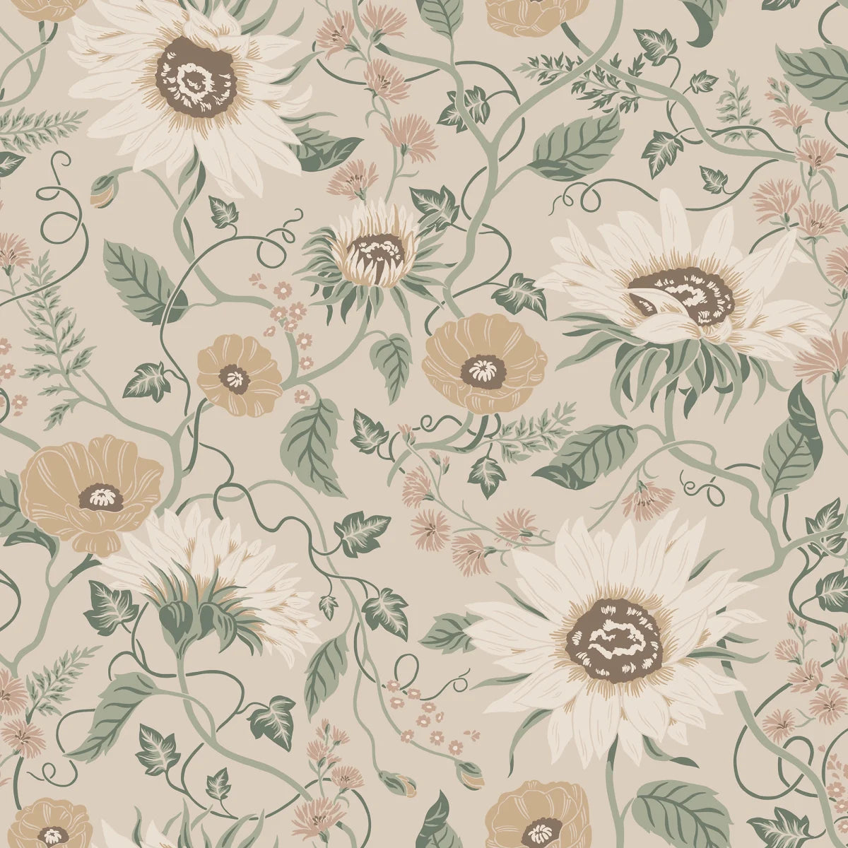 Wallpaper Solveig, Clay, has a warm beige base adorned by flowers in muted shades of warm yellow, beige, and pink with green foliage.