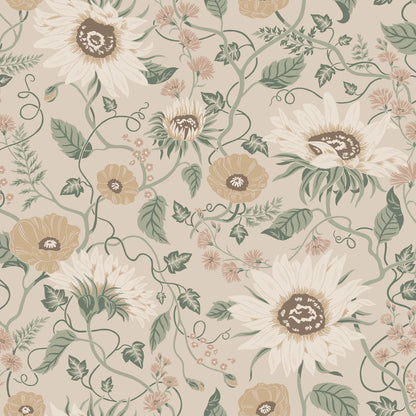 Wallpaper Solveig, Clay, has a warm beige base adorned by flowers in muted shades of warm yellow, beige, and pink with green foliage.