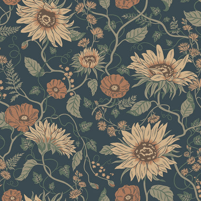 Wallpaper Solveig, Midnight Blue, has a deep blue base adorned by flowers in warm shades of yellow and terracotta red with green foliage.